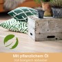 Bona Reiniger für geölte Böden Kartusche auf Holzboden mit Kissen und Pflanzen.