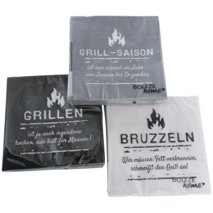 Boltze Servietten Conny, 20 Stück, 3-fach sortiert mit Grillmotiven in Schwarz, Grau und Weiß.
