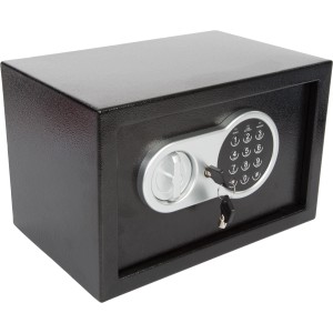 Schwarzer Perel Safe mit Codeschloss und Notschlüssel, 200x310x200 mm.