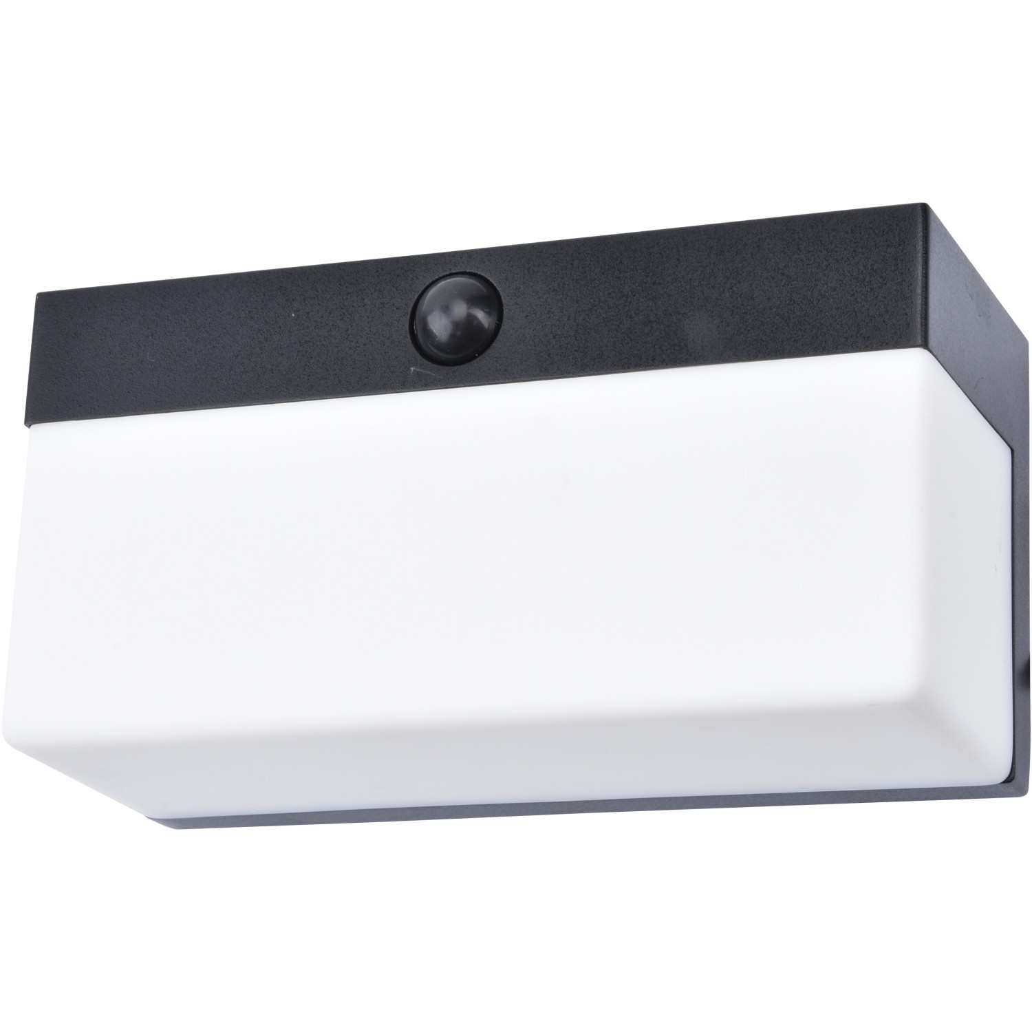 Moderne, eckige Lutec LED Solar-Wandleuchte Fran in Schwarz mit Bewegungsmelder.