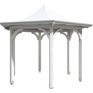 Weißer Skan Holz Pavillon Versailles aus Leimholz mit geschwungenem Dach und sechs Pfosten.