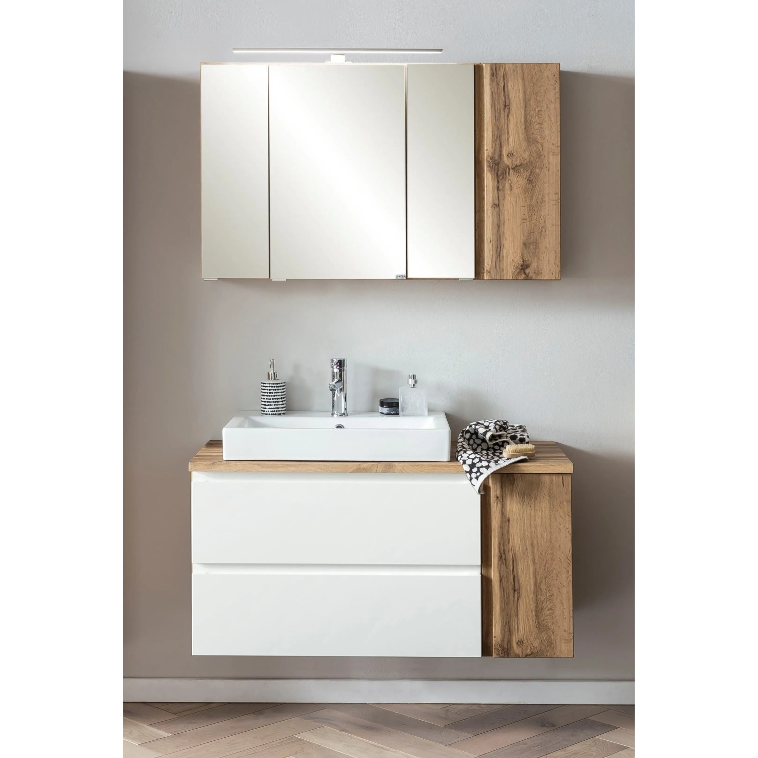 Held Möbel Waschtisch-Set Ancona, 105 cm, Weiß-Wotaneiche mit Becken links und Spiegelschrank.