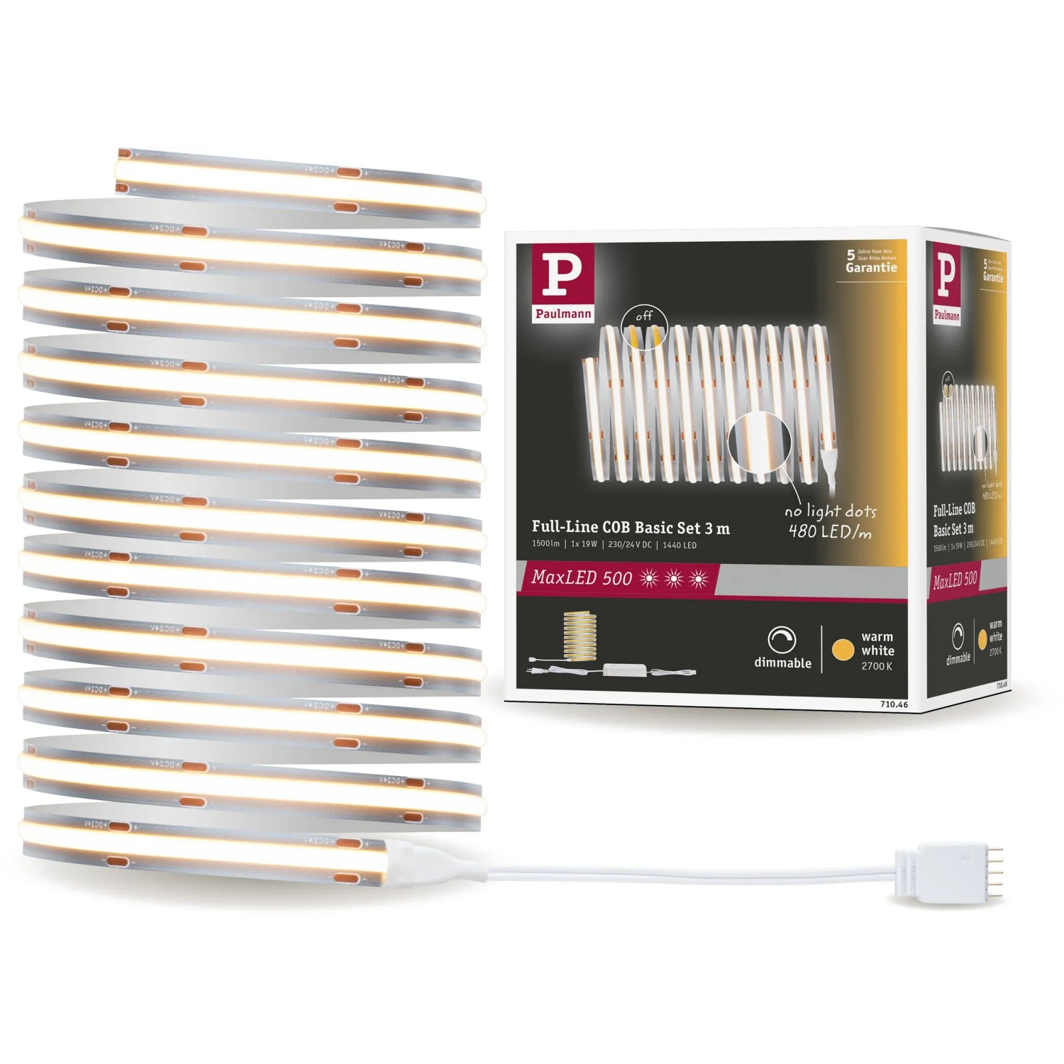 Paulmann MaxLED 500 COB LED Strip Basis-Set 3m, warmweiß, mit Zubehör und Verpackung.