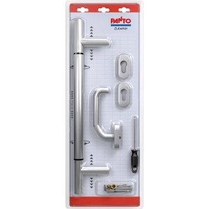 Stoßgriff-Set für Haustüren, Edelstahl, variabel 400-600 mm, inklusive Rosetten, Innendrücker und Befestigungsmaterial.