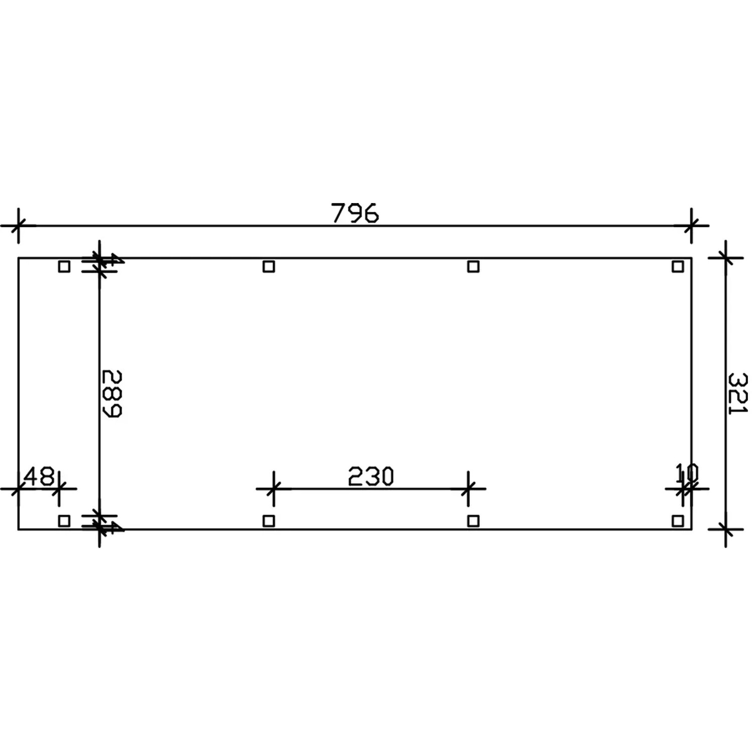 Technische Zeichnung Skan Holz Carport Grunewald, Maße: 321 x 796 cm, Eiche Hell.