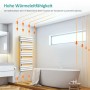 Weißer elektrischer Badheizkörper mit Thermostat im modernen Bad, zeigt Wärmeverteilung. Perfekt als Handtuchwärmer.