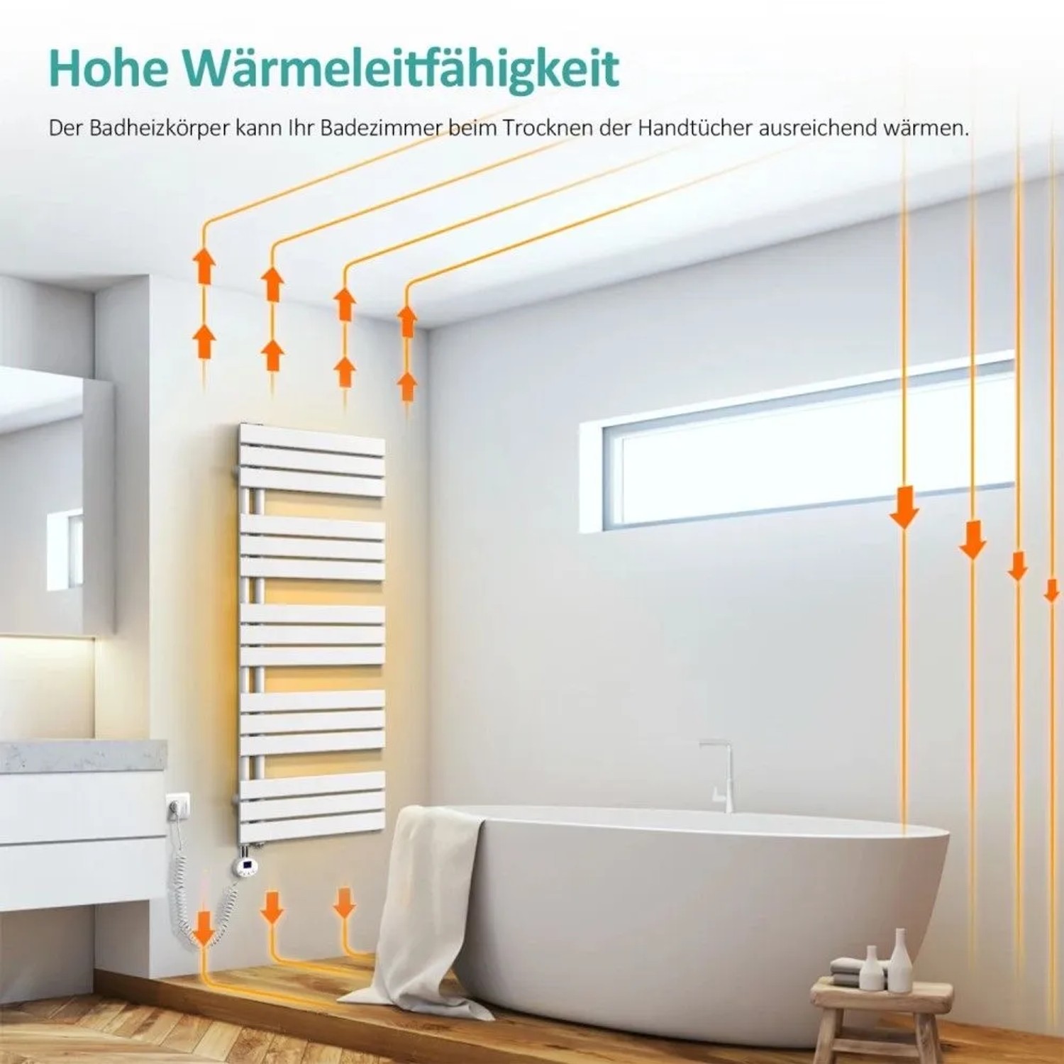 Weißer elektrischer Badheizkörper mit Thermostat im modernen Bad, zeigt Wärmeverteilung. Perfekt als Handtuchwärmer.