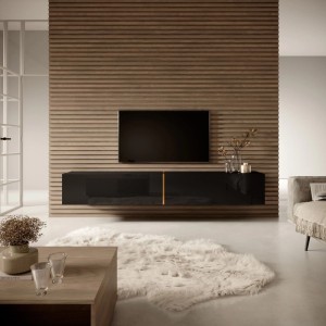 Modernes Selsey TV-Hängeboard Bisira 200 cm schwarz mit goldenem Einsatz, schwebend unter TV.