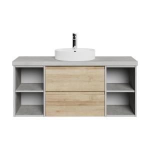 Pelipal Badmöbel-Set Serie 4035 in Grau/Eiche mit Aufsatzbecken und offenen Fächern.