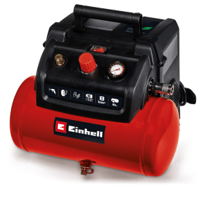 Einhell Kompressor TC-AC 190/6/8 Ölfrei, roter Druckluft-Kompressor mit 6L Tank und Tragegriff.