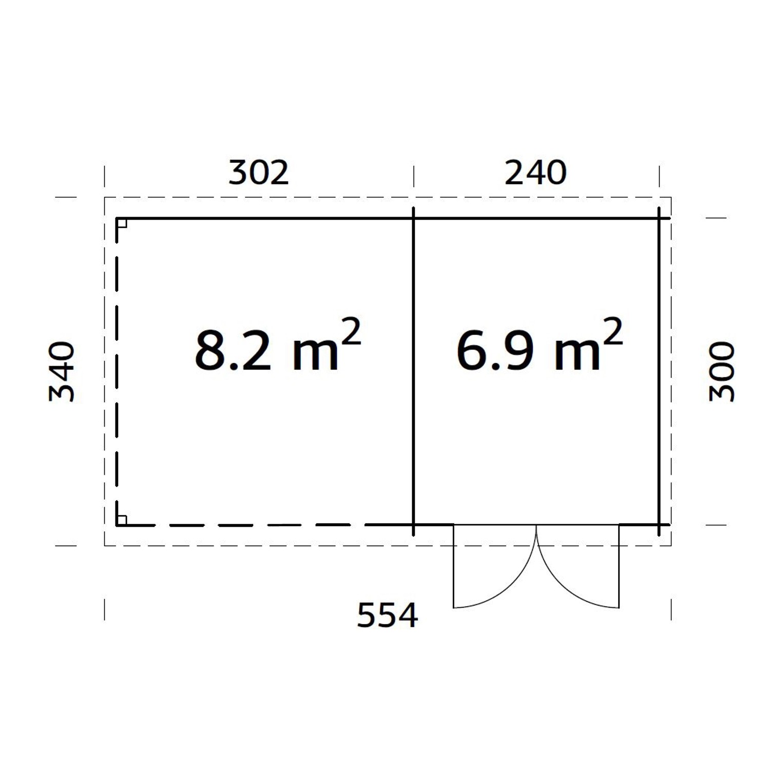 Grundriss Palmako Gartenhaus Ella, 530x300 cm, mit Maßen und Flächenangaben.