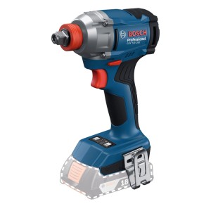 Blauer Bosch Professional Akku-Drehschlagschrauber GDX 18V-285 Solo. 2in1-Werkzeug für Schrauben und Bolzen, mit Gürtelclip. Ohne Akku.