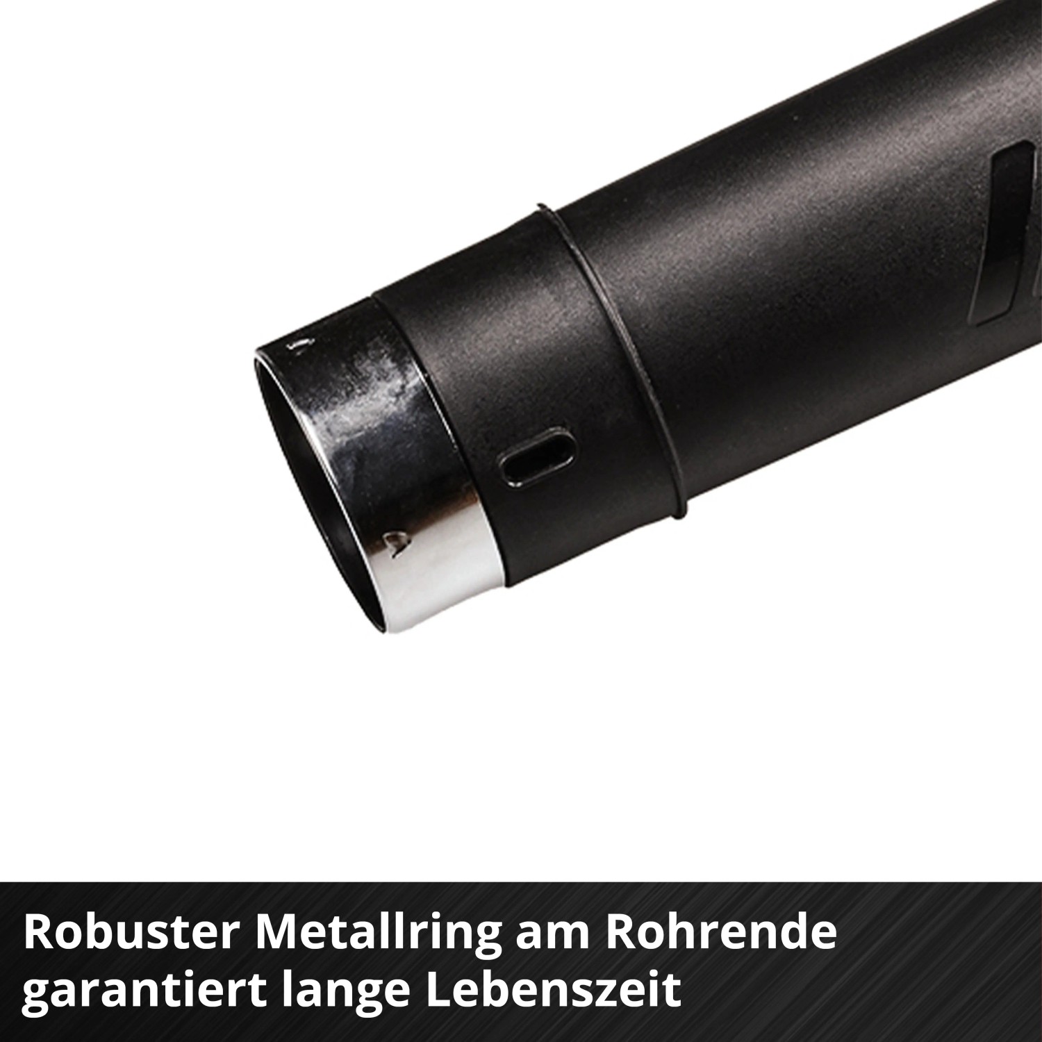 Detailaufnahme: Schwarzes Rohr des Einhell Akku-Laubbläsers mit robustem Metallring.