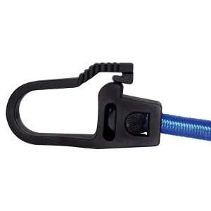 Detailaufnahme: Gepäckarm mit blauem Gummiband und schwarzem Sicherheitshaken von Las.