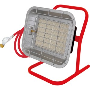 Gasheizer 4,6 kW mit rotem Standfuß, Gasregler und Schlauch für den Außenbereich.