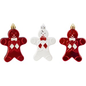 Baumschmuck-Set: 3 Lebkuchenmänner in Rot/Weiß mit glänzender und matter Oberfläche.