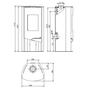 Technische Zeichnung Wamsler N-Line Kaminofen Naturstein Schwarz 5 kW mit Maßen.