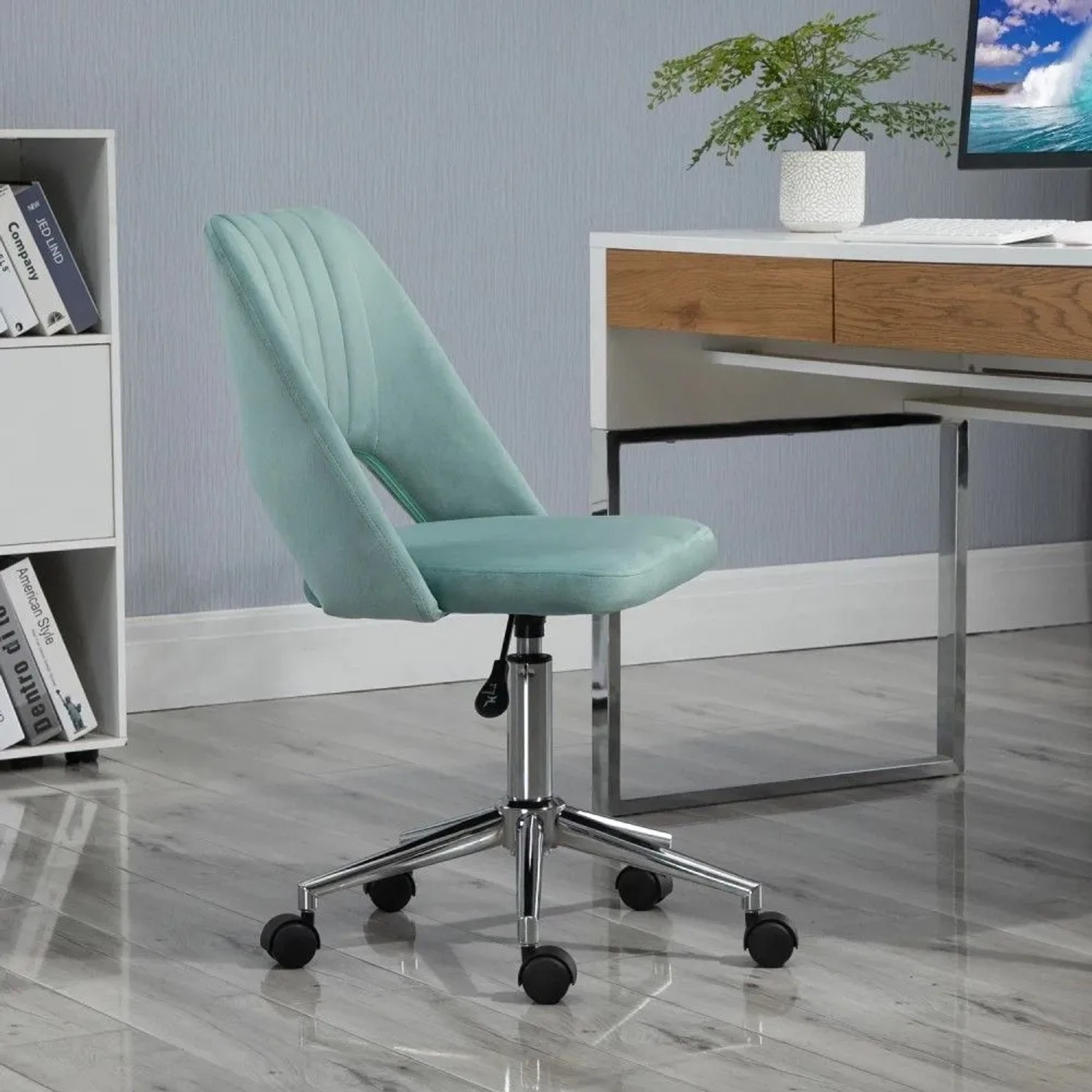 Mintgrüner Vinsetto Bürostuhl mit Samtoptik, ergonomisch, höhenverstellbar und Rollen. Moderner Schreibtischstuhl.