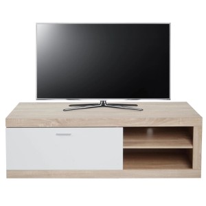 TV-Rack MCW L33 in Eiche-Optik mit weißer Tür und offenen Fächern. Abmessungen: 43x140x41 cm.