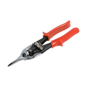 Blechschere gerade, Stahl, mit roten Kunststoffgriffen für präzise Schnitte.