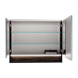 Offener Fackelmann LED-Spiegelschrank B.Paris, 90 cm, schwarz matt/Eiche, mit Glasablagen und USB-Anschluss.