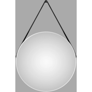 Runder DSK Design Wandspiegel Silver Coiffeur, Ø 80 cm, mit weißem Rahmen und Lederband.