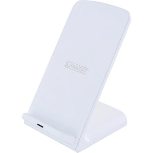 Weiße Schwaiger Qi Ladestation (10W) für kabelloses Laden von Smartphones und Geräten.