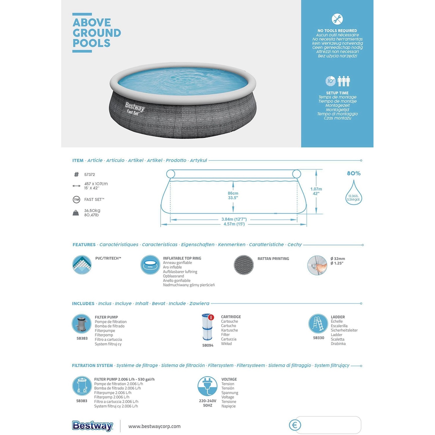 Bestway Fast Set Pool-Set Ø 457 cm, schiefergrauer Quick-Up Pool mit Rattan-Optik, inkl. Zubehör.