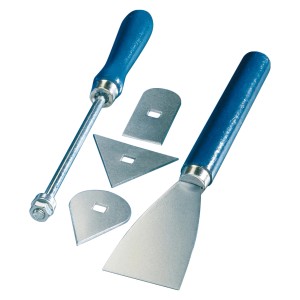 Steinel Farbschaber-Set, 5-teilig mit Klingen und Spachtel für Heißluftgeräte.