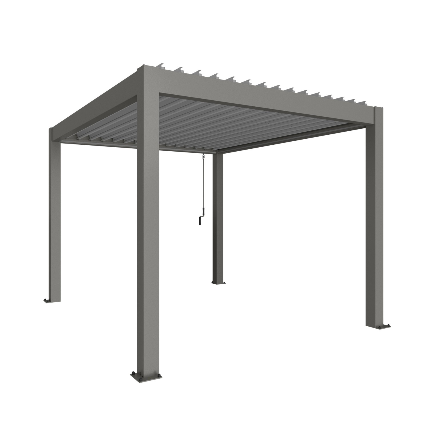 Biohort Pergola in Quarzgrau/Silber-Metallic, eine moderne Terrassenüberdachung mit Lamellen und integriertem Regenabfluss.