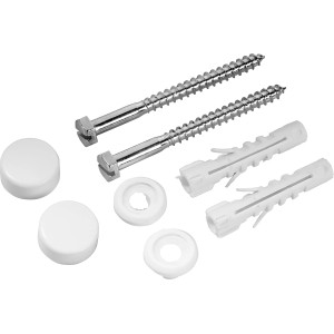 WC-Befestigungsset mit Schrauben, Dübeln und Abdeckkappen in Weiß für Stand-WCs.