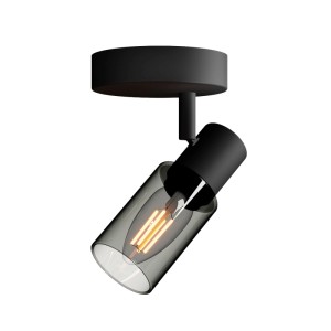 Schwarzer Philips Palms Spot mit Rauchglas und sichtbarer E14 Kerzenlampe. Minimalistischer Wandstrahler.