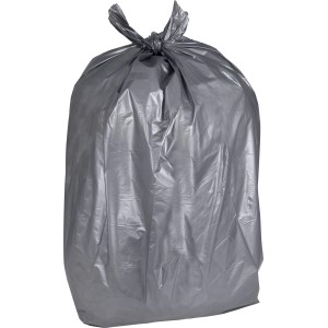 Grauer, gefüllter Schwerlast Abfallsack 150l, zugebunden. Reißfester Müllsack für Haus, Garten und Industrie.