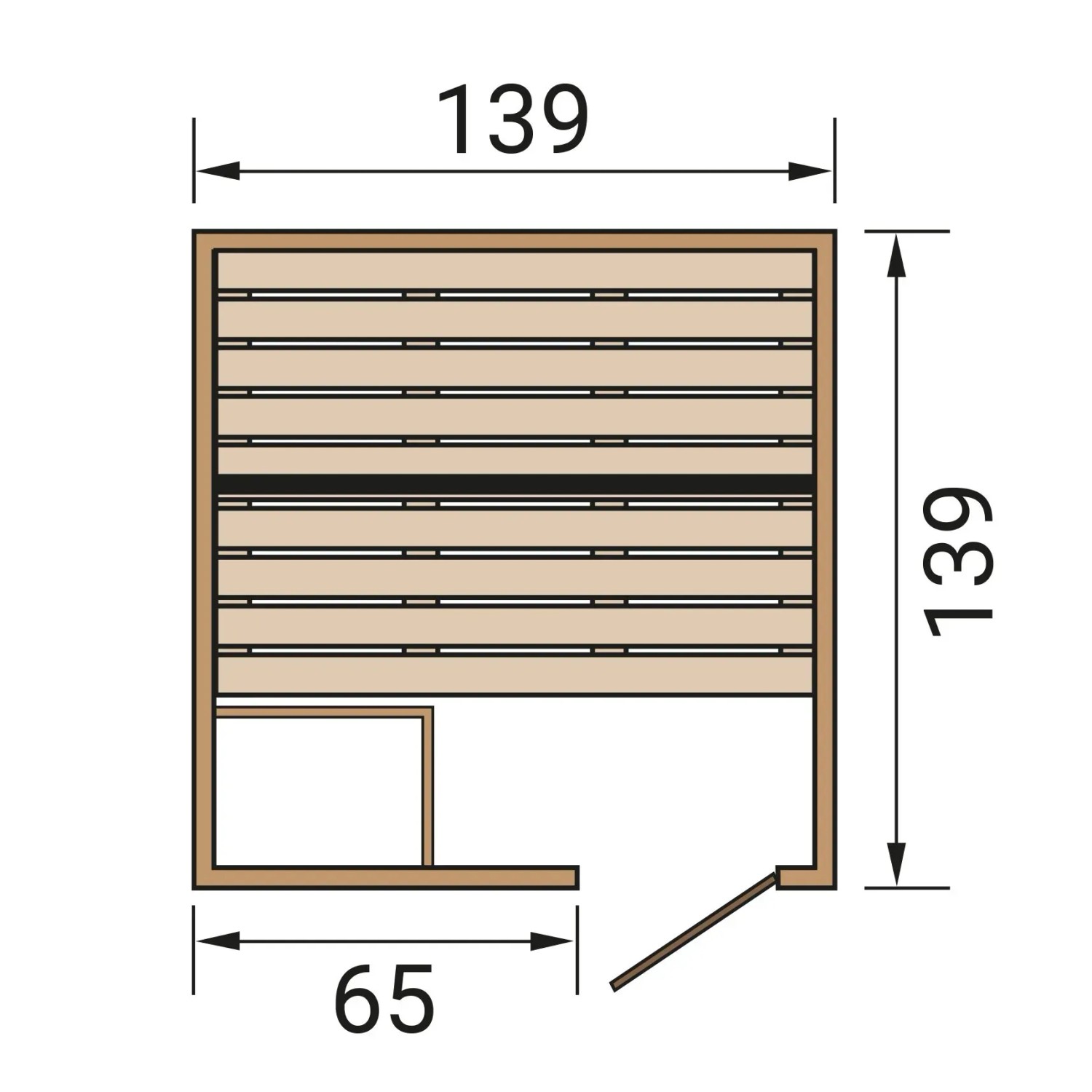 Grundriss der Weka Massivholzsauna Valida 1: 139x139x65 cm mit Bank und Tür.