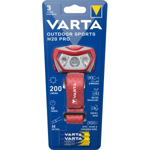 Varta Outdoor Sports H20 Pro Kopfleuchte, rot, mit Batterien. Taschenlampe mit verstellbarem Kopfband.