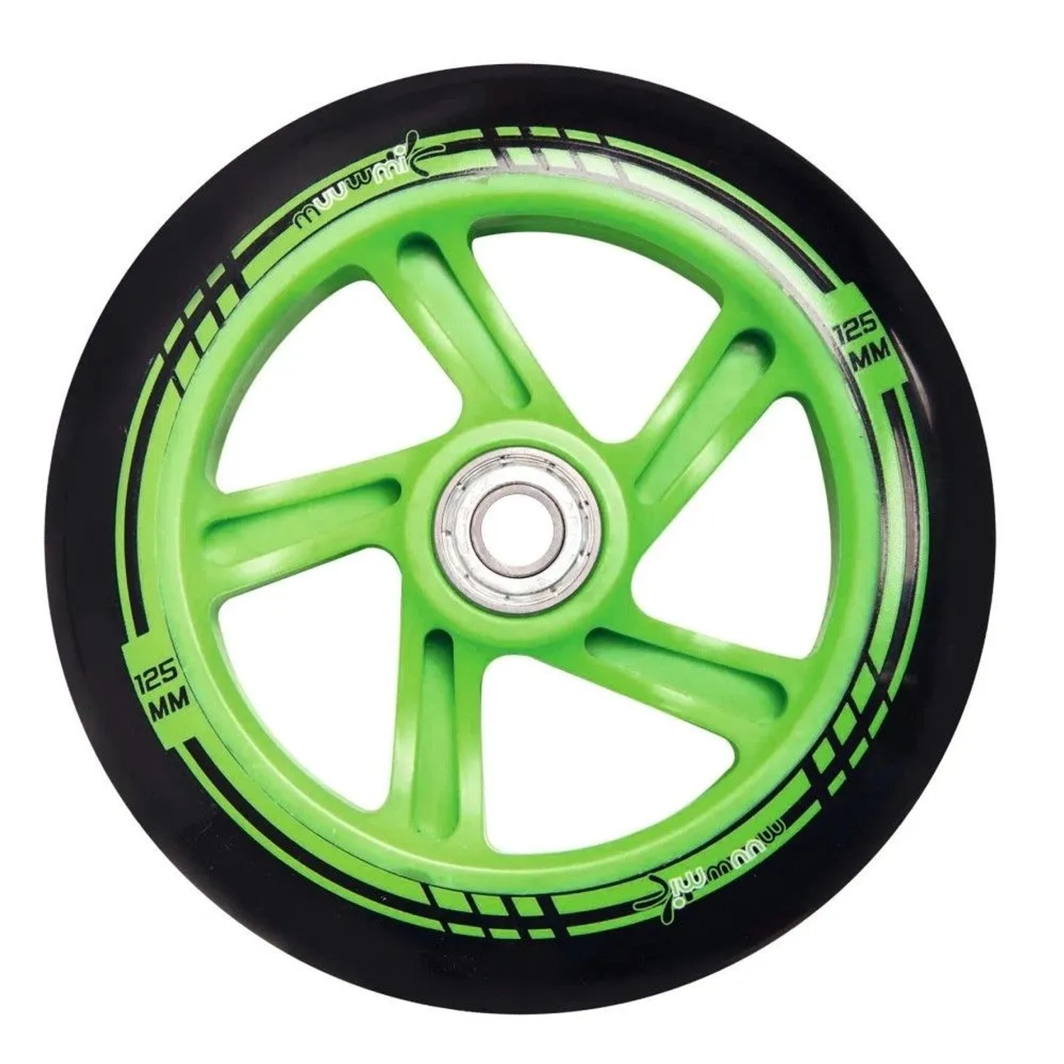 Muuwmi Scooter Rad 125 mm, schwarz-grün, mit ABEC 5 Kugellager. Ersatzteil für Tretroller.