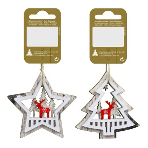 Holz Hänger als Weihnachtsdeko, 2 Designs: Stern und Tanne mit rotem Rentier, ca. 8 cm.