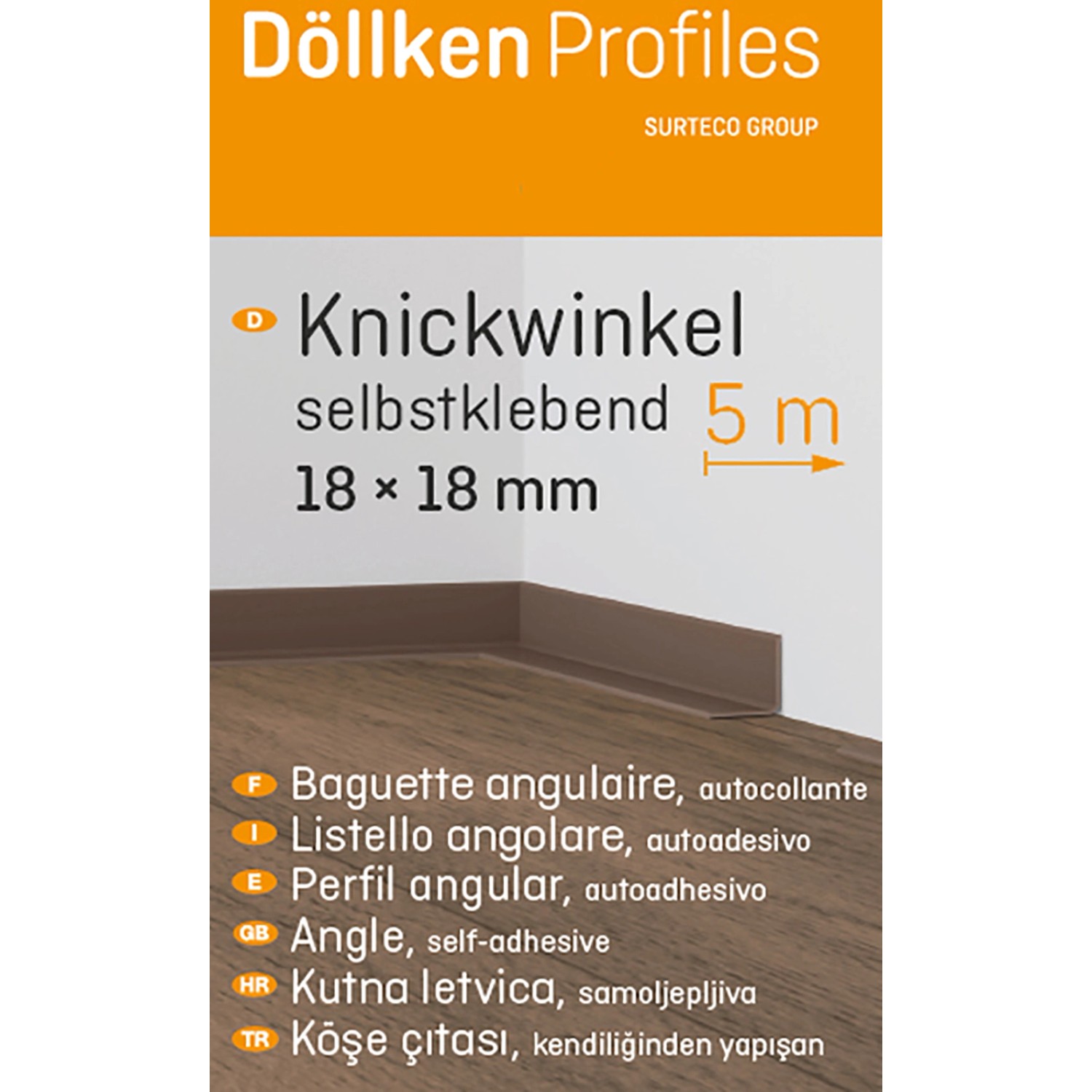 Buche Knickwinkel, selbstklebend, 18x18 mm, Länge 5 m, als Sockelleiste.