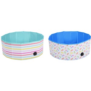 Zwei Hunde-Planschbecken: gestreift und mit Eis-Motiv, ideal zur Abkühlung im Sommer.