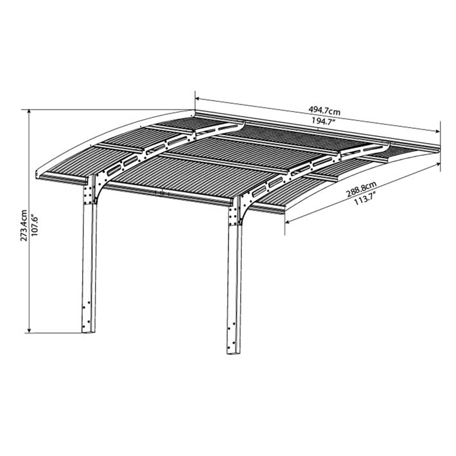 Technische Zeichnung: Palram Canopia Arizona Breeze 2.9 x 5 Carport in Anthrazit mit Maßangaben.