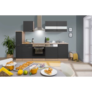 Respekta Küchenzeile KB250ESGC, 250 cm, Grau-Eiche Glänzend, mit E-Geräten.