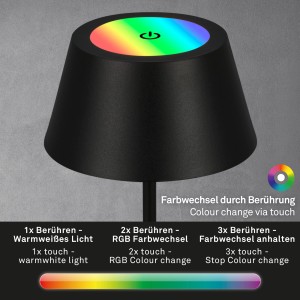 Schwarze Brilo RGB Akku-Tischleuchte mit Farbwechsel und Touch-Bedienung für stimmungsvolle Beleuchtung.