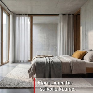 Schwarze 1-Lauf Gardinenschiene Square nach Maß in modernem Schlafzimmer. Deckenmontierte Vorhangschiene für stilvolle Räume.