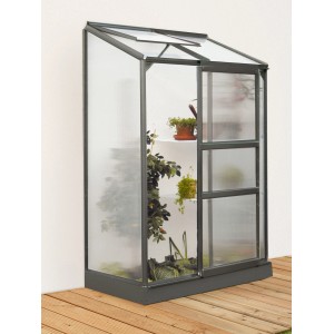 Schwarzes Anlehn-Gewächshaus Ida 900 mit Schiebetür und Dachfenster, bepflanzt.