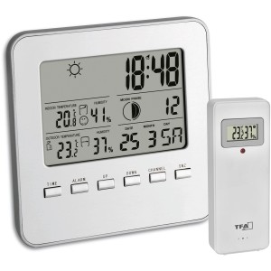 TFA Quadro Funk-Wetterstation in Silber mit Außensensor für Temperatur und Luftfeuchtigkeit.