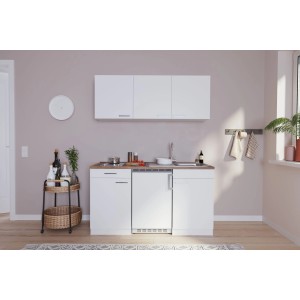 Respekta Economy Küchenzeile KB150WWC, 150 cm, Weiß Glänzend mit Glaskeramikkochfeld und Kühlschrank.