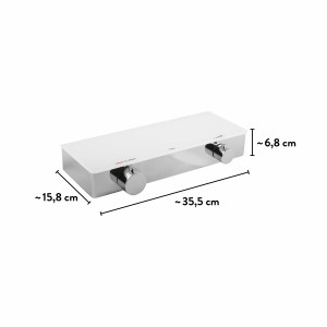 baliv Thermostat-Duscharmatur DU-2050 in Weißglas-Chrom mit Maßangaben.