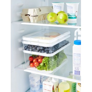 Rotho Kühlschrankorganizer Cauma 2,6 l, weiß, gefüllt mit Lebensmitteln im Kühlschrank.