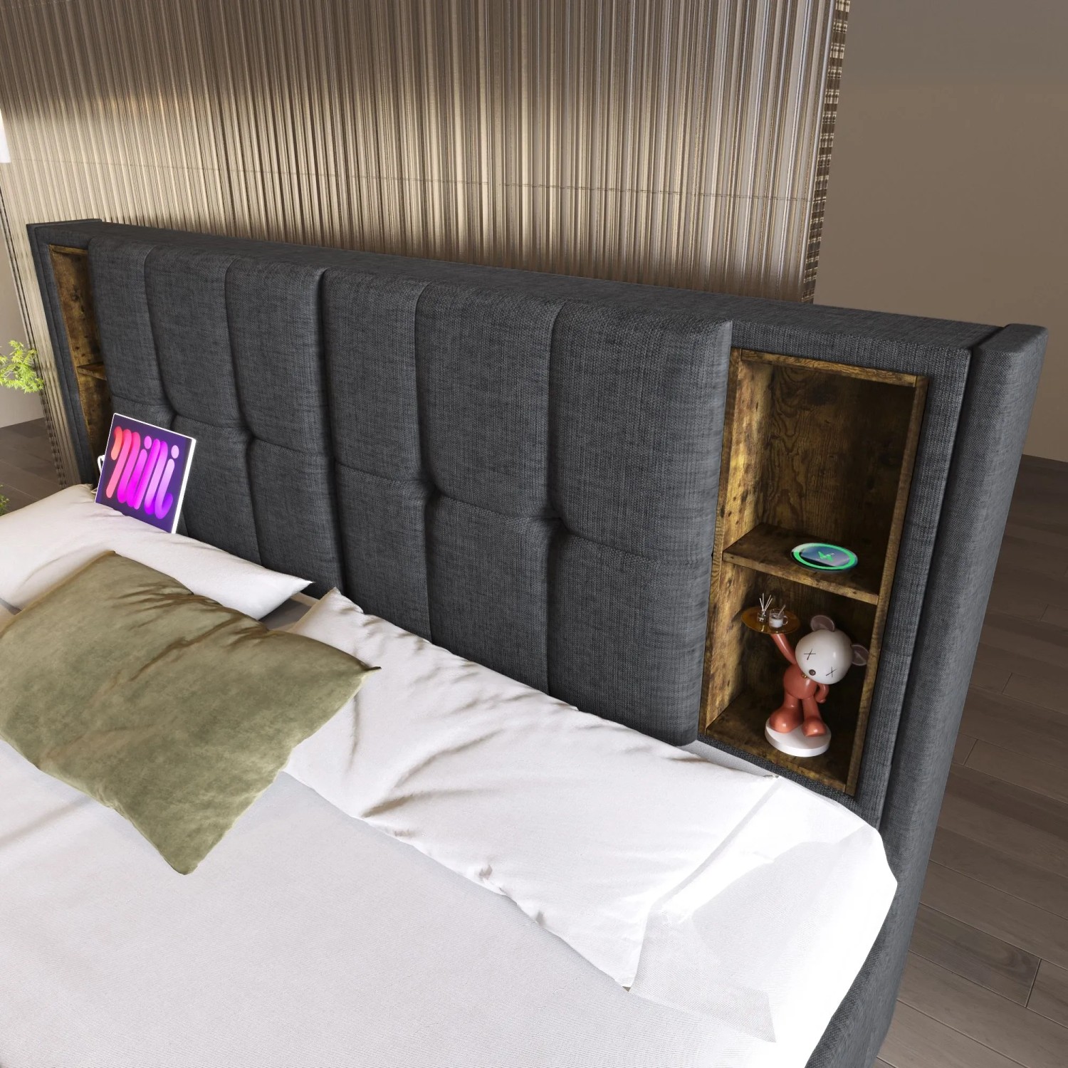 okwish Polsterbett 160x200cm mit USB C Schubladen Schlafzimmer Grau Leinen ohne Matratze_8