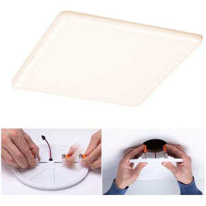 Paulmann LED-Einbaupanel Veluna, eckig, 215x215mm, 21W, 3-Stufen-dimmbar, mit Montagebeispielen.